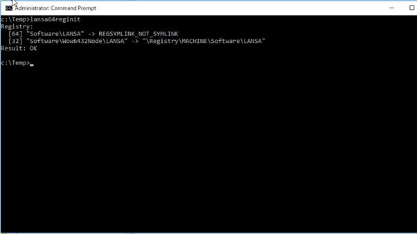 Example of running the lansa64reginit utility from command prompt