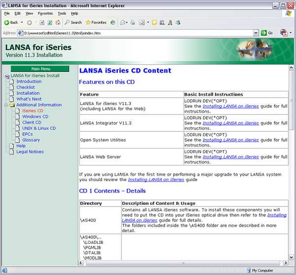 LANSA for iSeries CD content screen