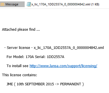 Exame of email containing a license code file