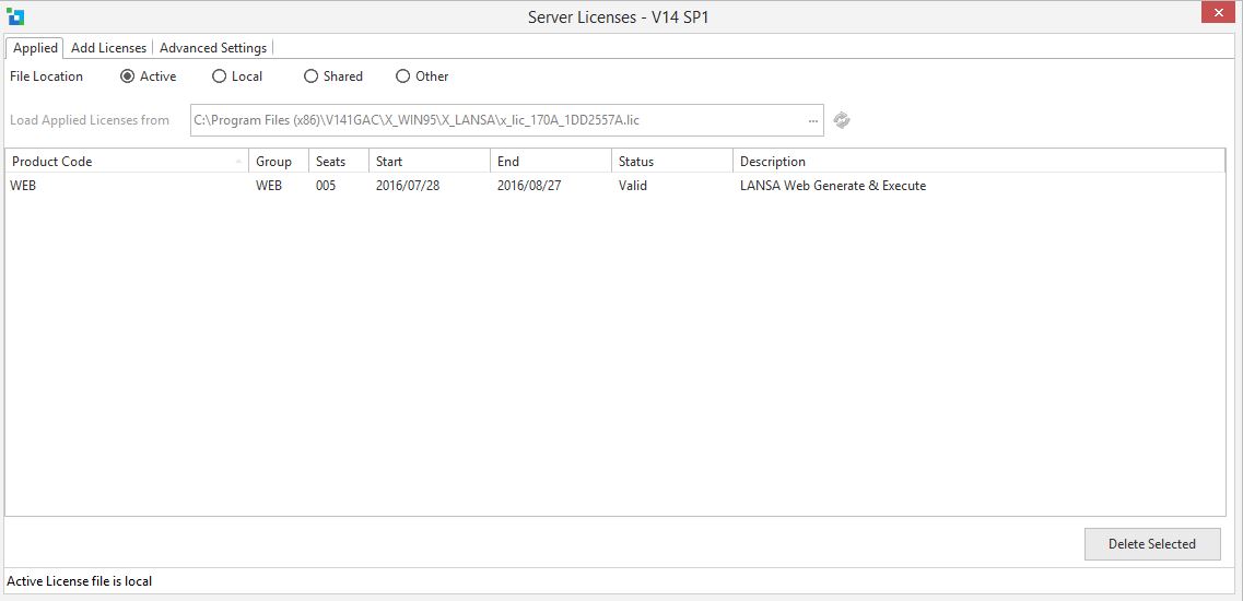 V14 SP1 Server Licenses has 3 screens: Applied, Add Licenses and Advanced Settings