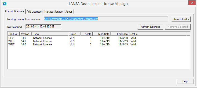 Current VLN LANSA Development License Manager