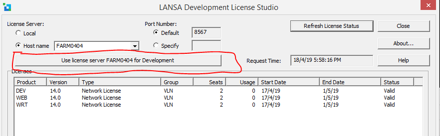 LANSA Development License Studio screen