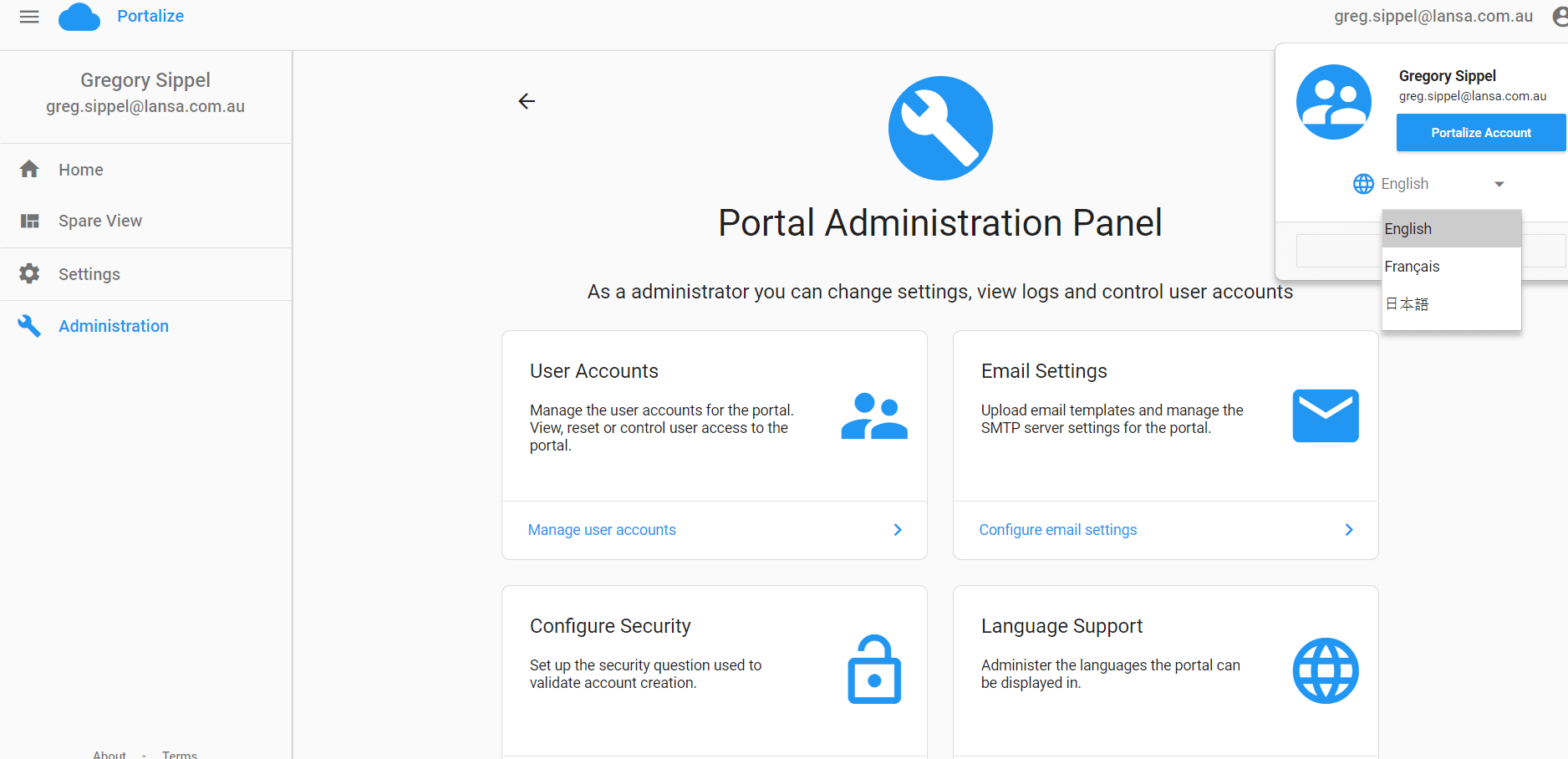 Portal administration panel