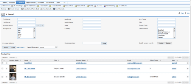 SugarCRM search contacts screen